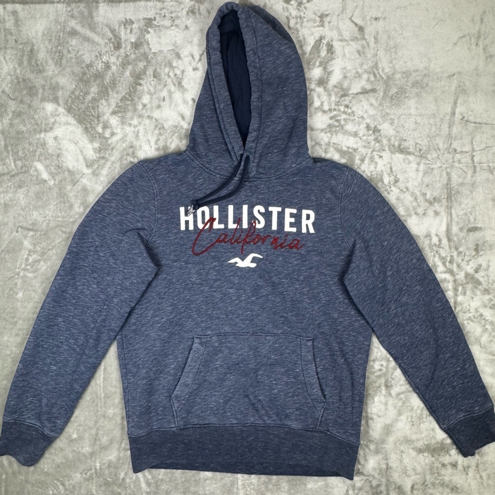 Hollister Men’s Y2K Navy Blue Hoodie Appliqué Logo Cotton Blend Medium Unisex